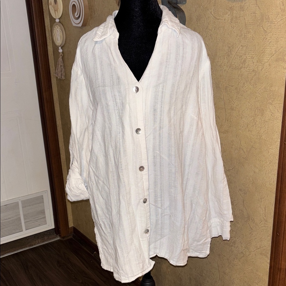 XL WHITE linen Coldwater Creek Lightweight Button-Front Shirt long sleeve